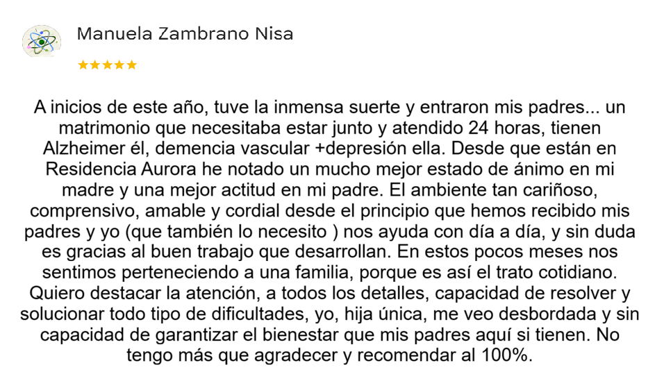 Reseña en Google Residencia Aurora en Sevilla